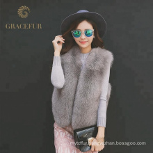 Fashion Real Fox Fur Vest women with Real Leather Stripes